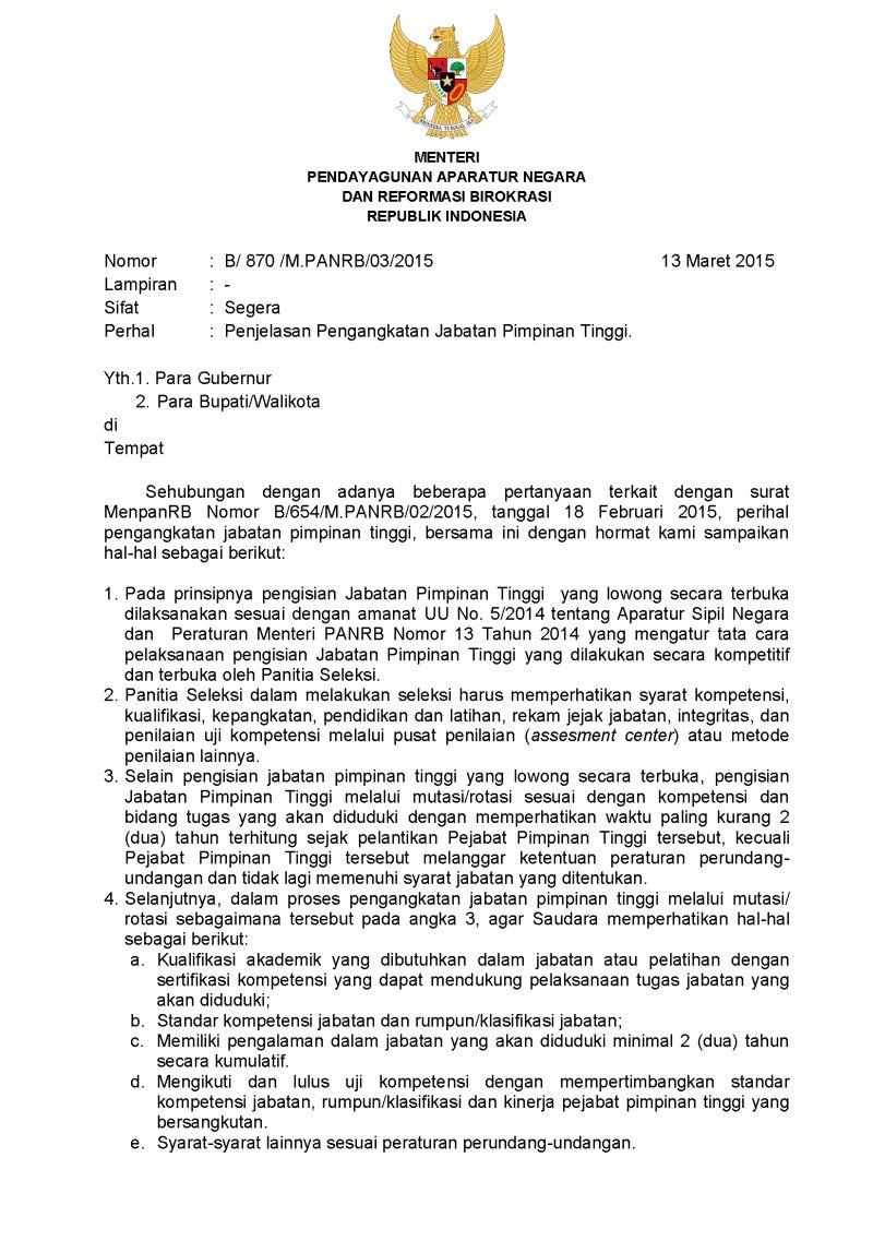 20150319 Penjelasan SE Pengisian JPT Gub-Bupati-Dep Page 1