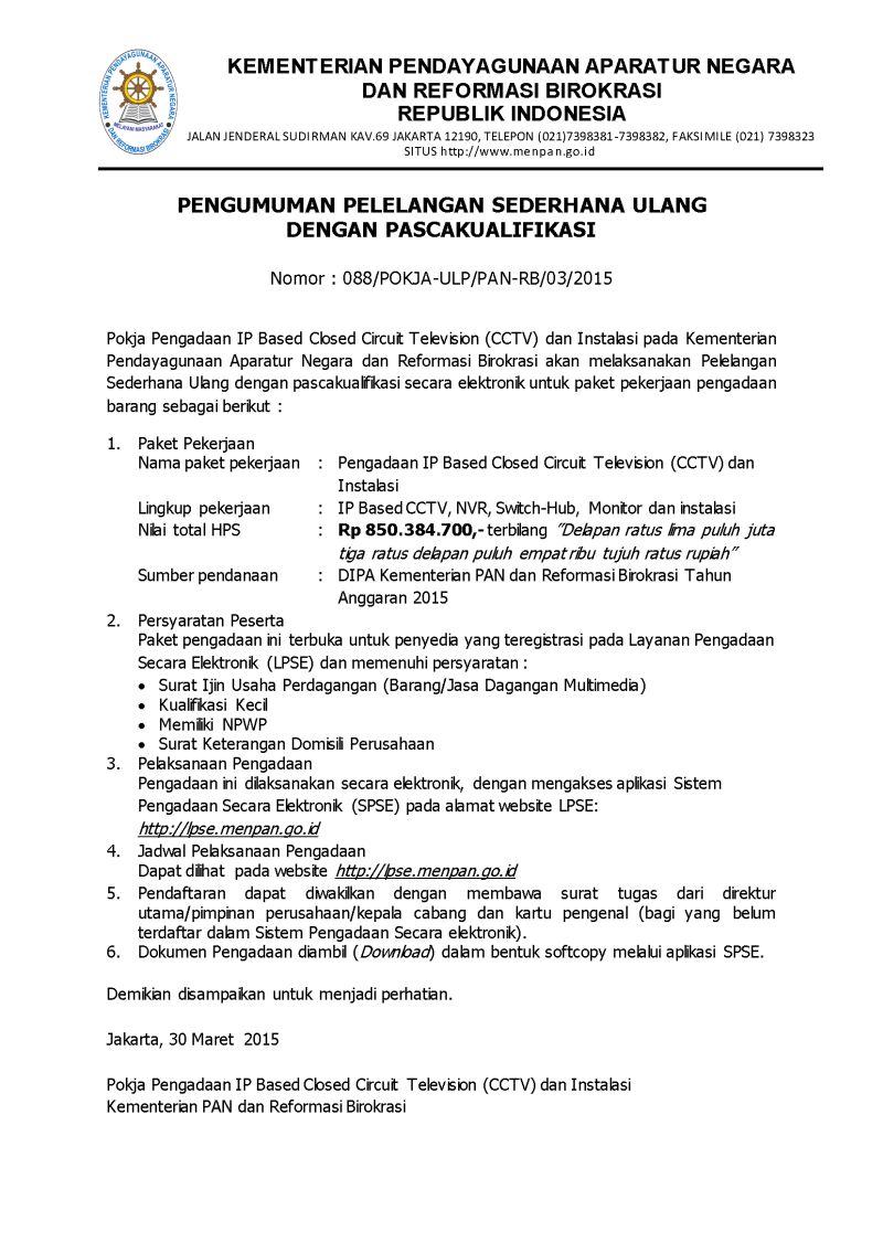 20150331 lelang ulang IP Based CCTV dan Instalasi