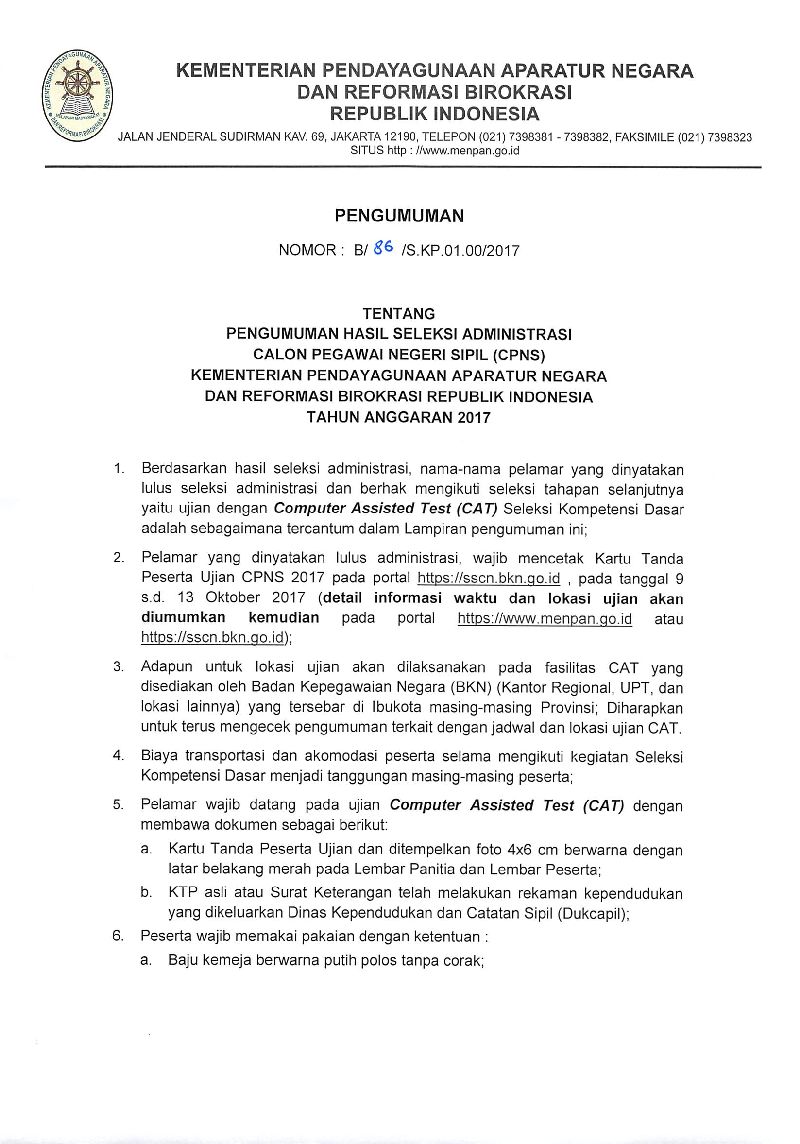 20171009 Pengumuman seleksi administrasi menpanrb 2017 Page 1