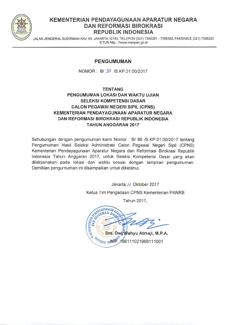 20171011 Pengumuman lokasi dan waktu pelaksanaan skd menpanrb 2017 Page 1