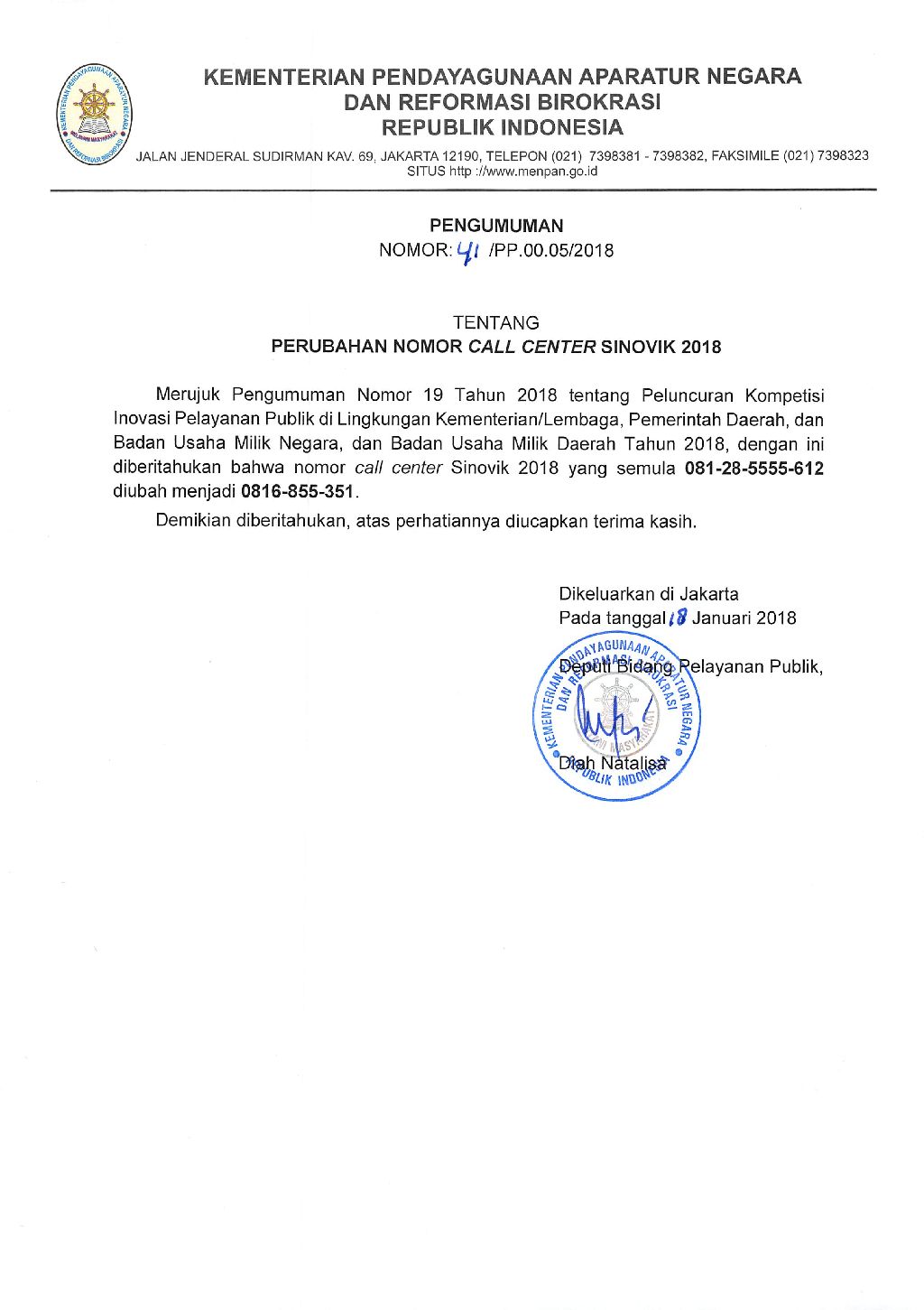 20180118 Pengumuman 41 PP 00 05 2018 Perubahan Nomor Call Center Sinovik