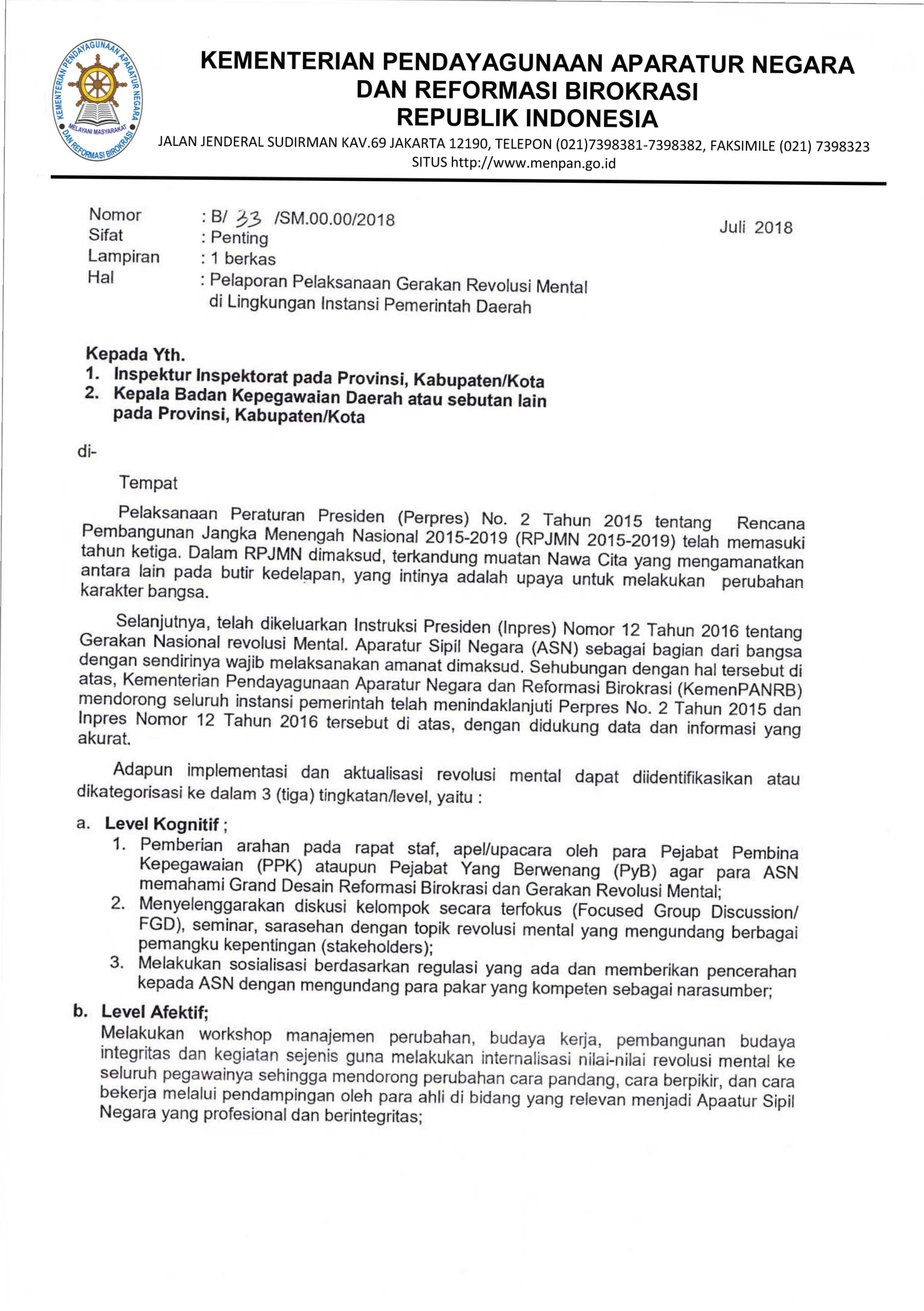 20180726 surat perihal Pelaporan Pelaksanaan Gerakan Revolusi Page 1