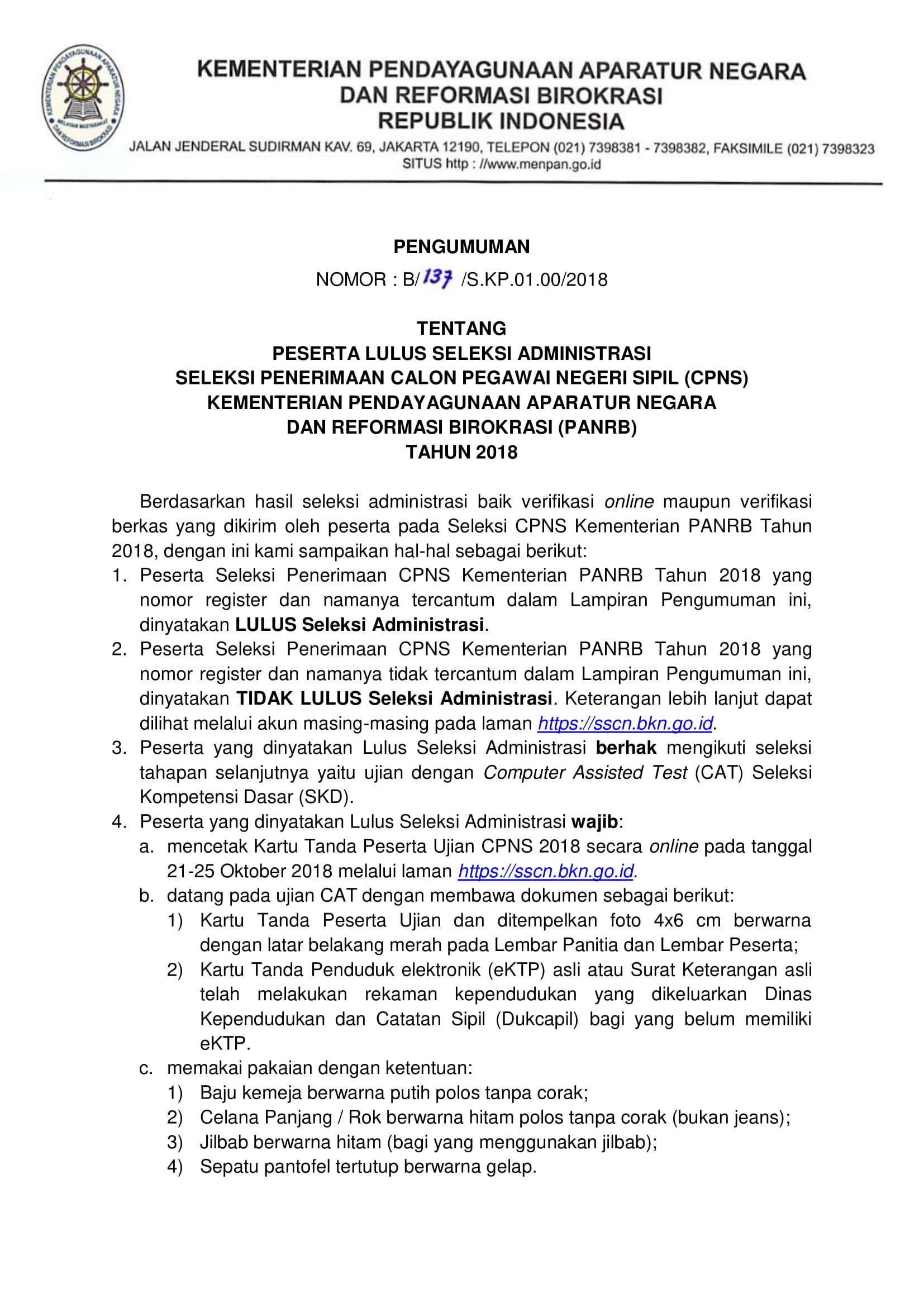 20181021 Pengumuman Hasil Seleksi Administrasi CPNS Kementerian PANRB 2018 Page 01