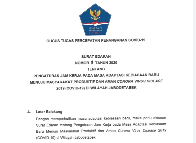 20200615 Gugus Tugas Terbitkan SE Aturan Jam Kerja Wilayah Jabodetabek Aman Covid 19 dan Produktif