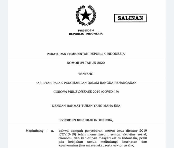 20200626 Inilah 5 Fasilitas Pajak Penghasilan di Masa Pandemi Covid 19 Sesuai PP 29 Tahun 2020