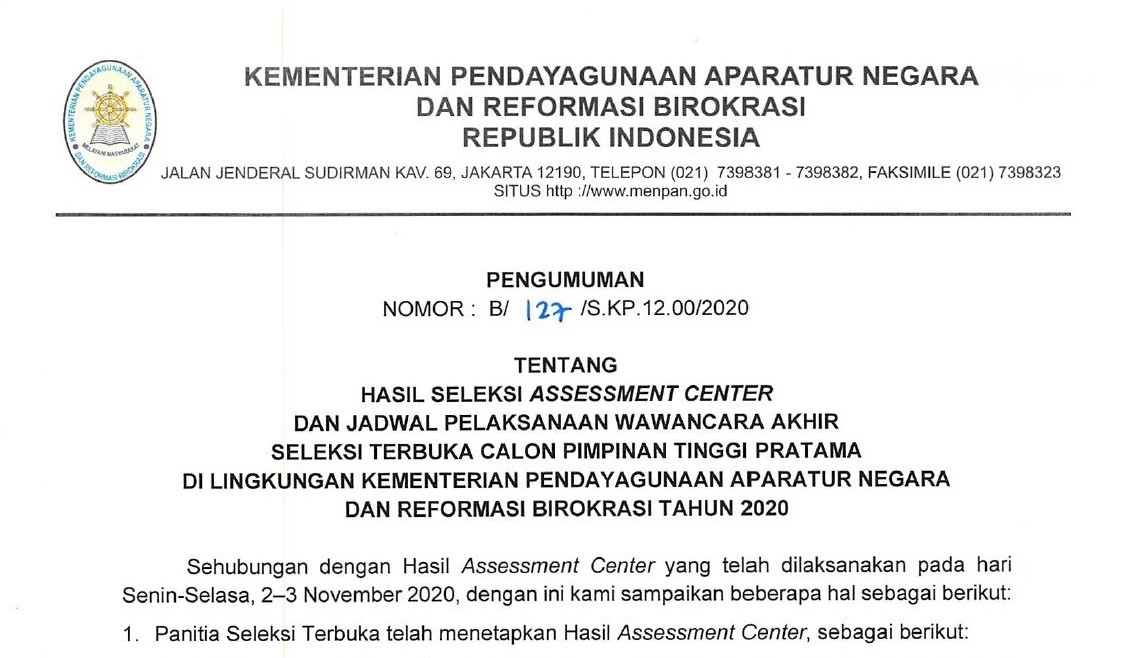 20201112 Hasil Seleksi Assessment Center Kementerian PANRB 1