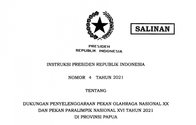 20210831 Pemerintah Terbitkan Inpres 42021 tentang Dukungan Penyelenggaraan PON XX dan Peparnas XVI Papua